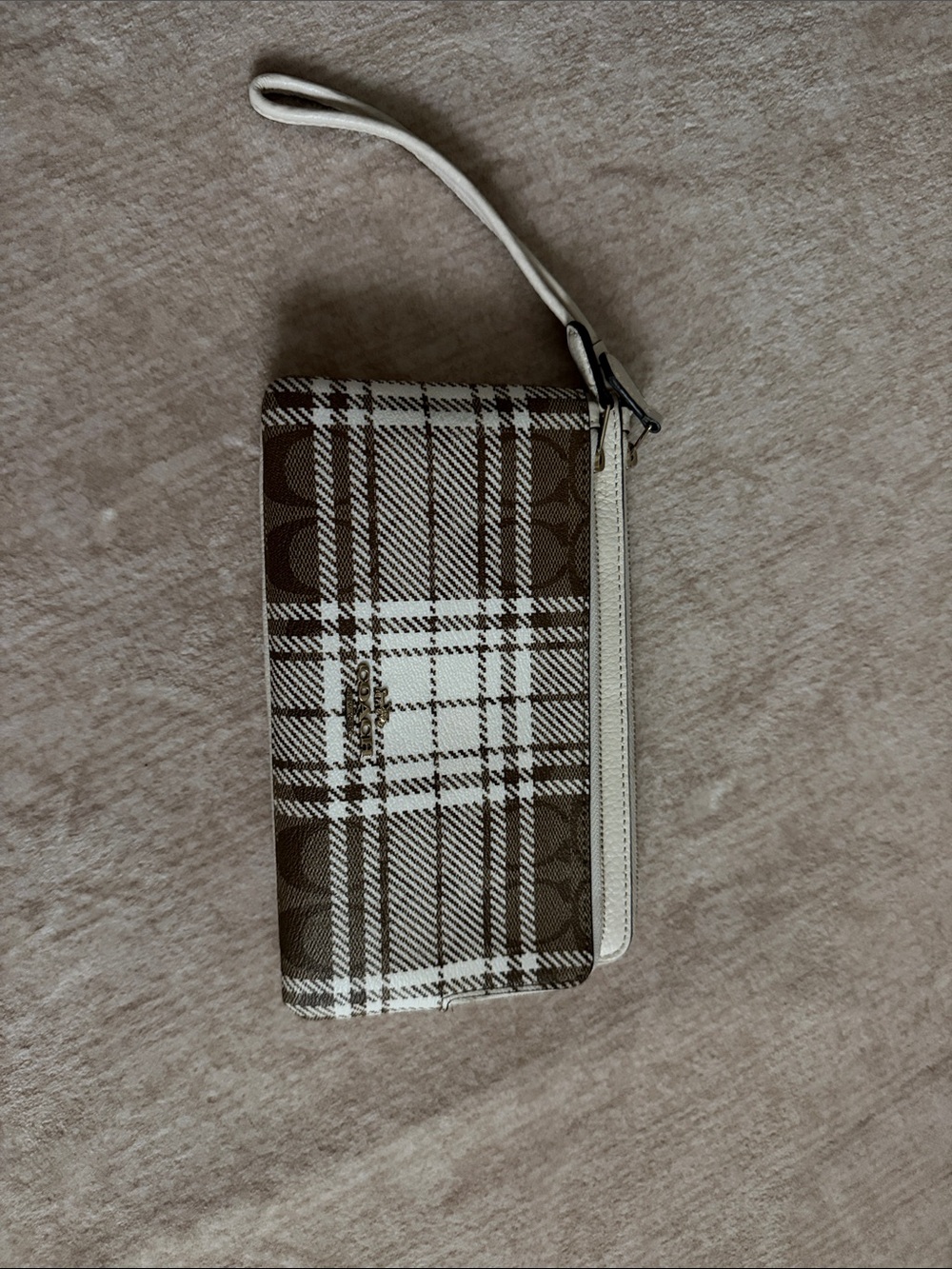 Coach Brown and Cream Plaid Wristlet Wallet